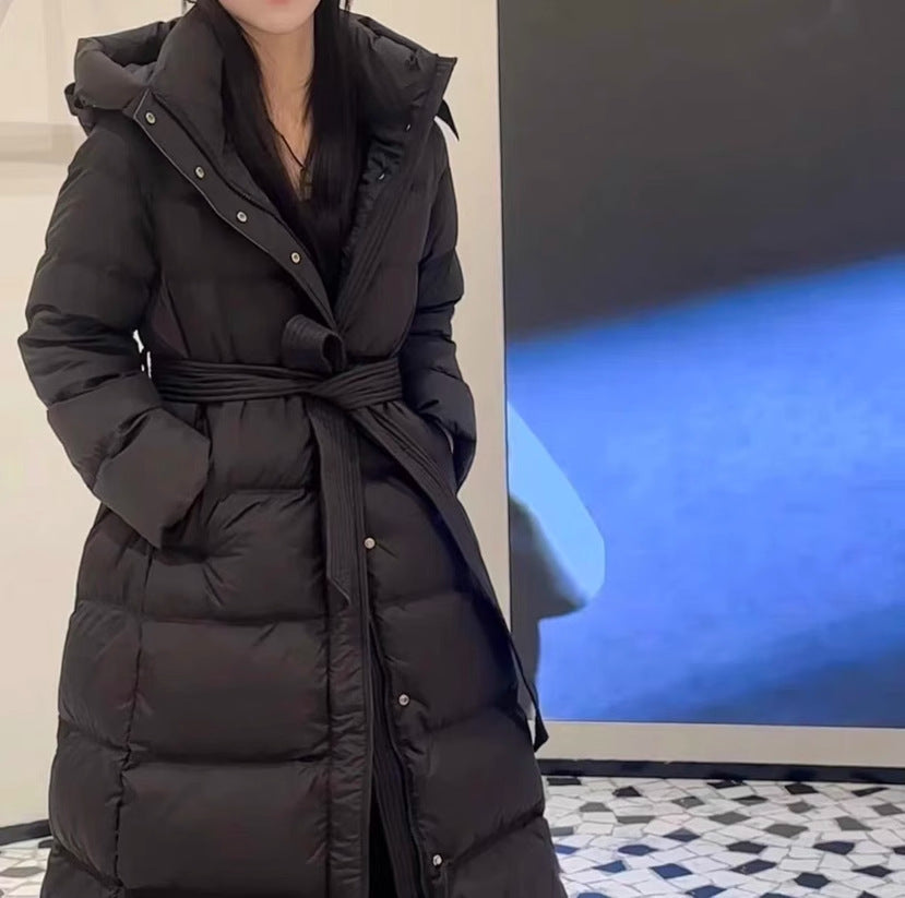 Long down coat with hood, tailored, knee-length