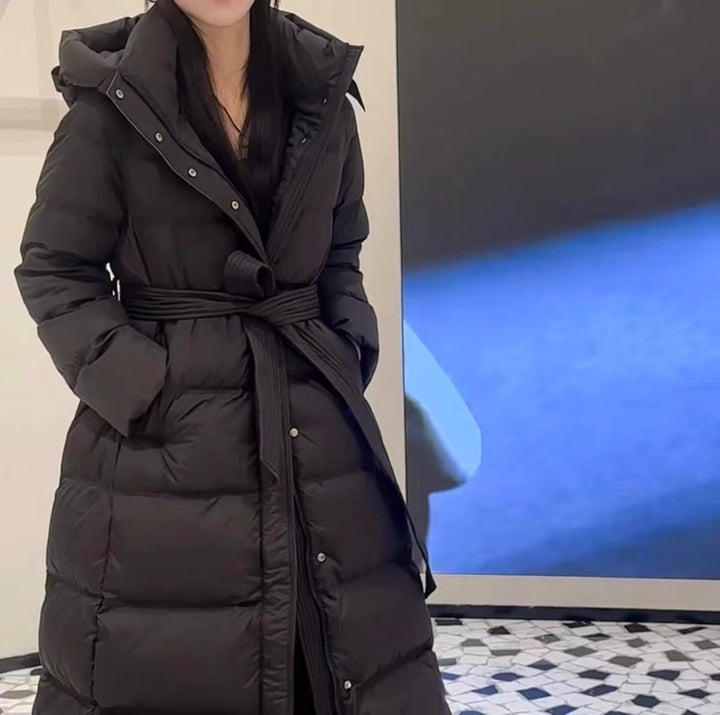 Long down coat with hood, tailored, knee-length