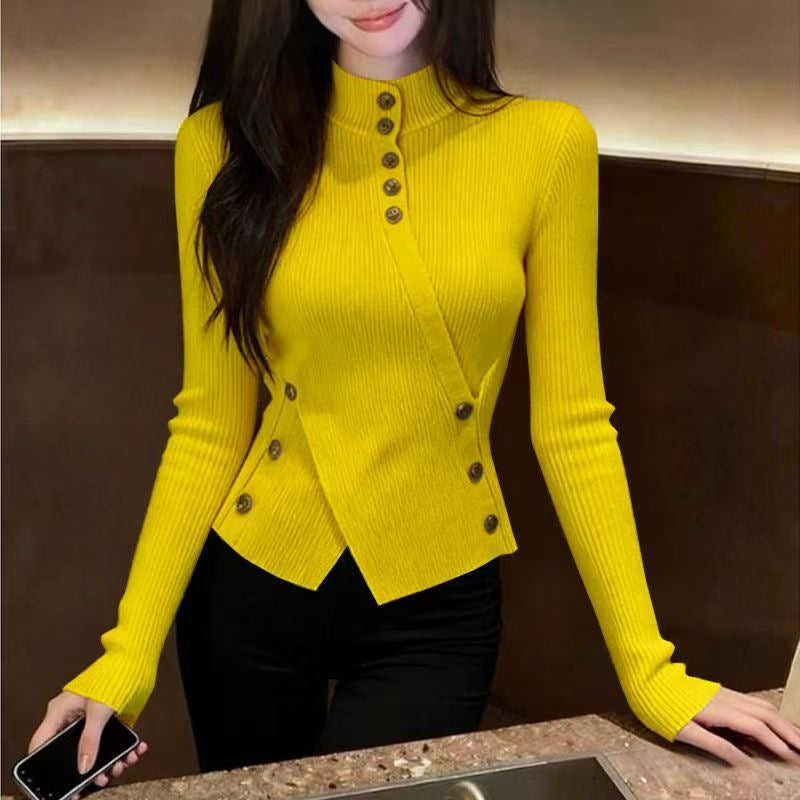 Women's knitted sweater with stand-up collar and asymmetrical cut