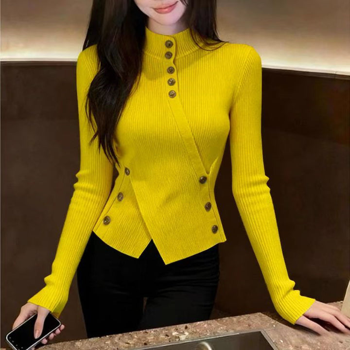 Women's knitted sweater with stand-up collar and asymmetrical cut