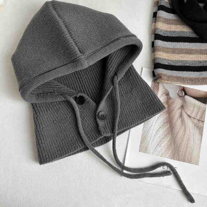 Knit hat with scarf, solid color, warm, 2-in-1 set
