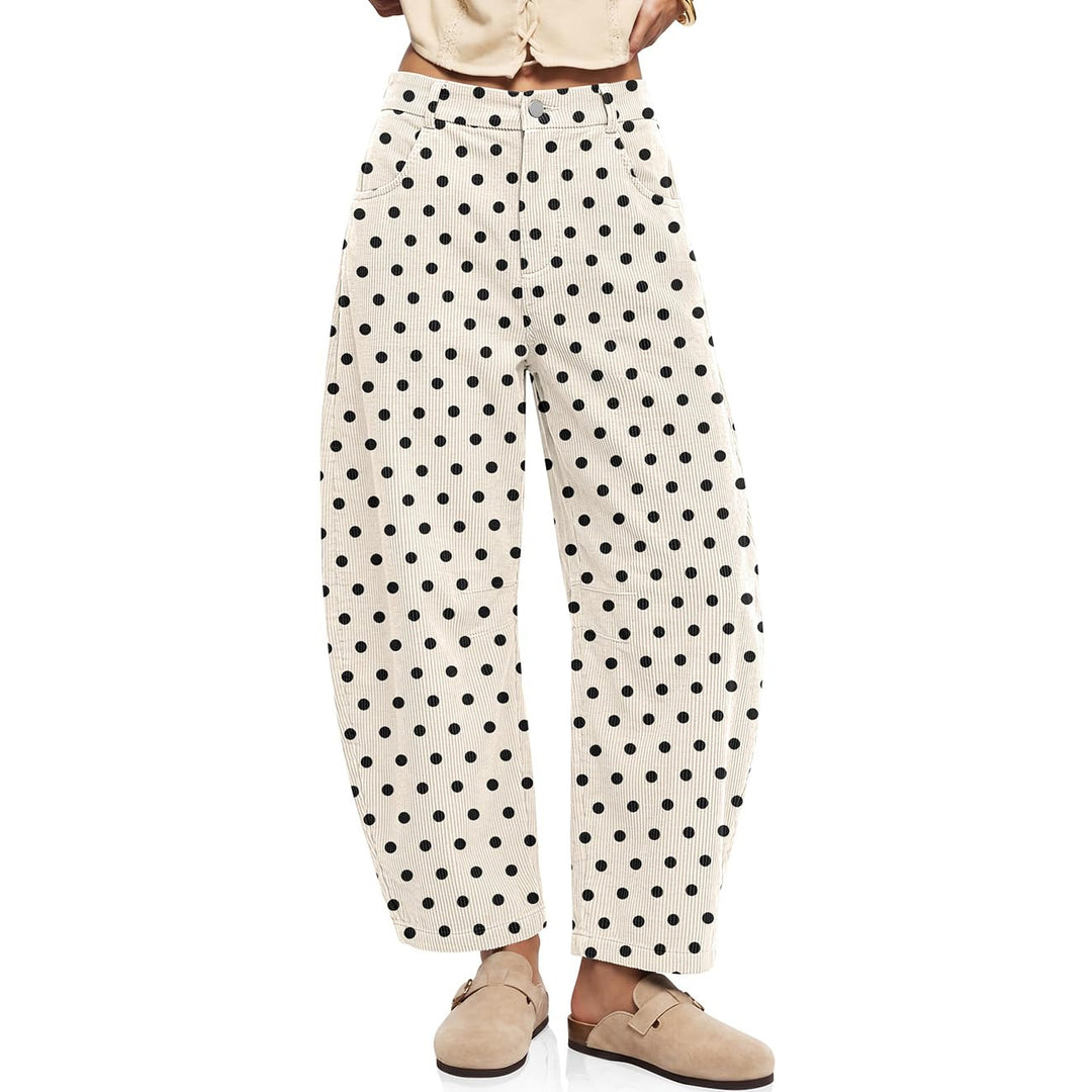 Cord pants with elastic waistband and polka dot pattern