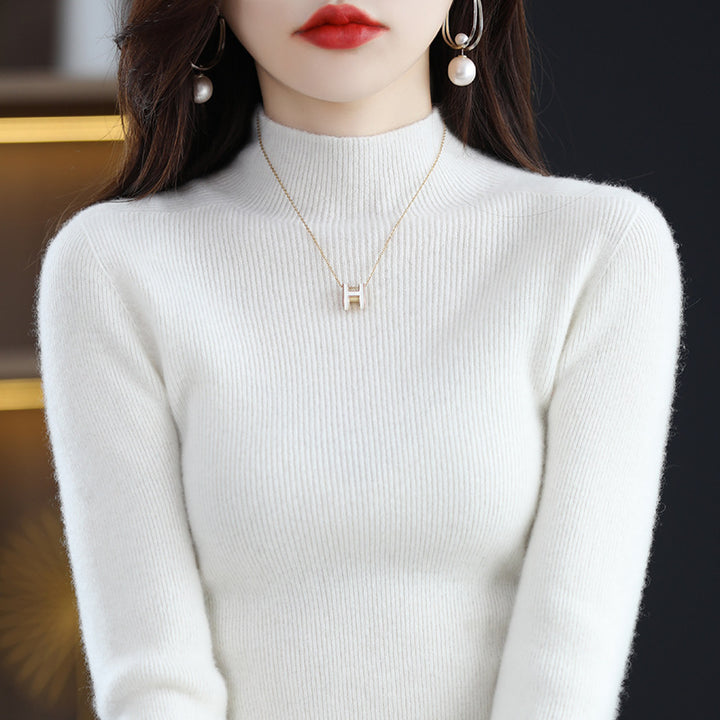 Ladies knit pullover with stand-up collar, seamless