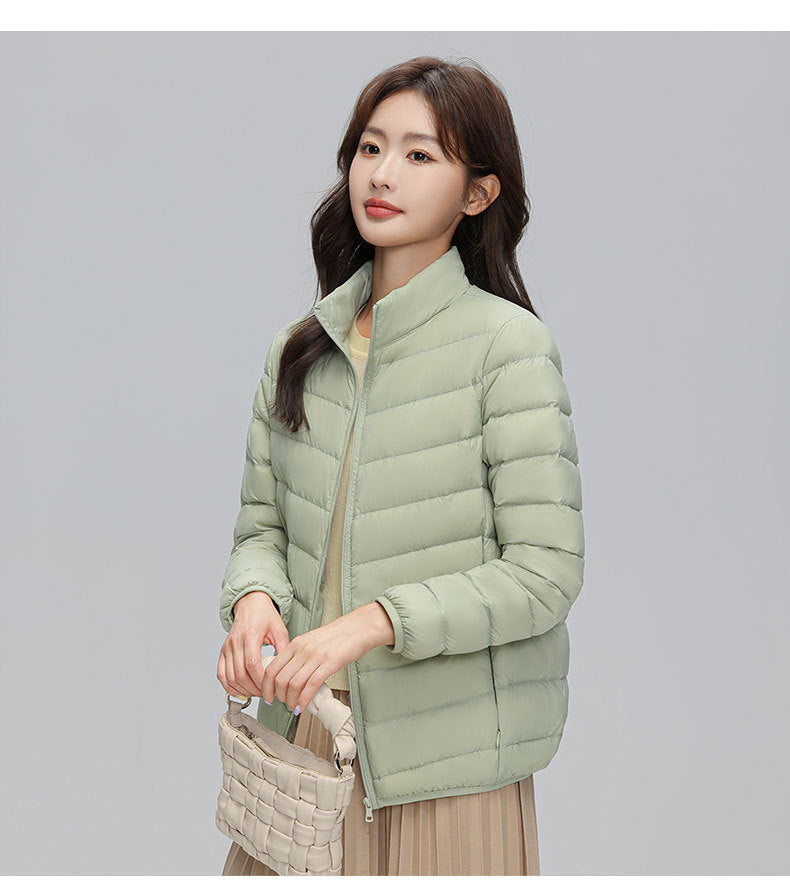 Light down jacket for women, stand-up collar, white, duck down