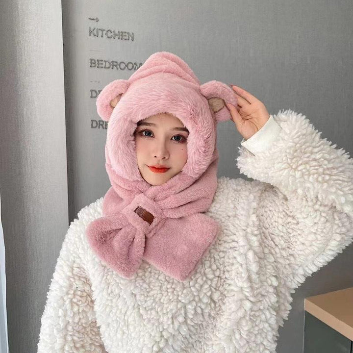 Plush hat with scarf, bear motif, lined