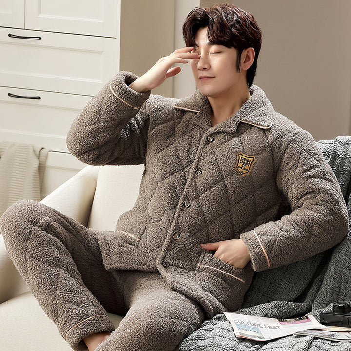 Men's pajamas, triple-layered quilted, warming