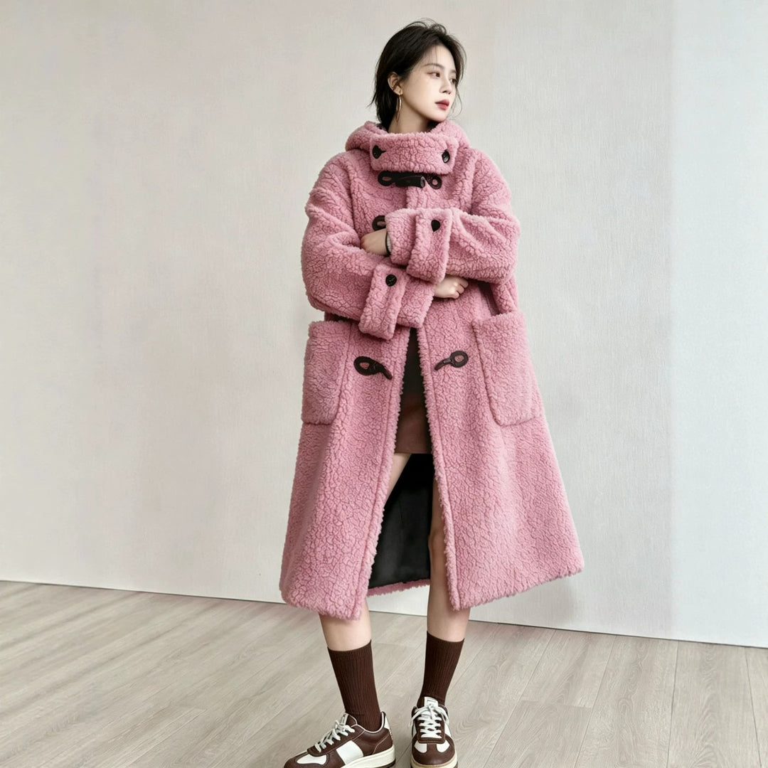 Long lamb fleece imitation coat with hood