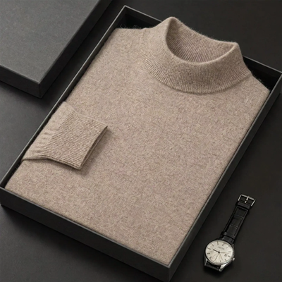Men's wool pullover with roll collar, soft and warm