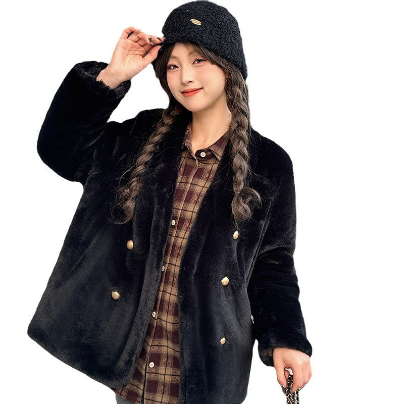 Women's plush jacket with V-neck, warm and windproof