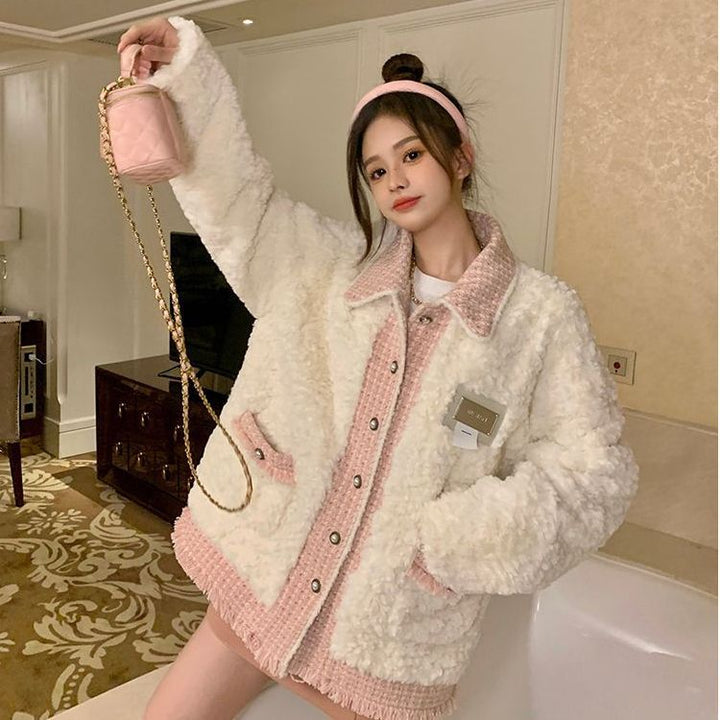 Lamb fleece jacket for women, lined, loose fit