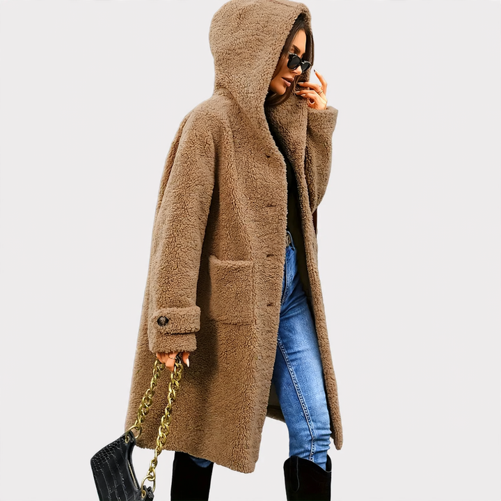 Teddy coat with hood, mid-length, women's
