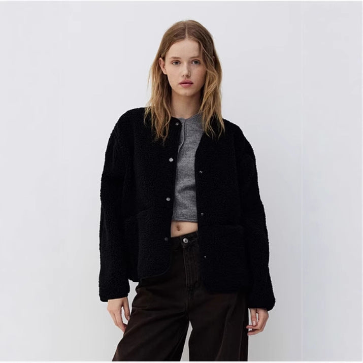 Women's Teddy Fleece Short Jacket, Round Neck