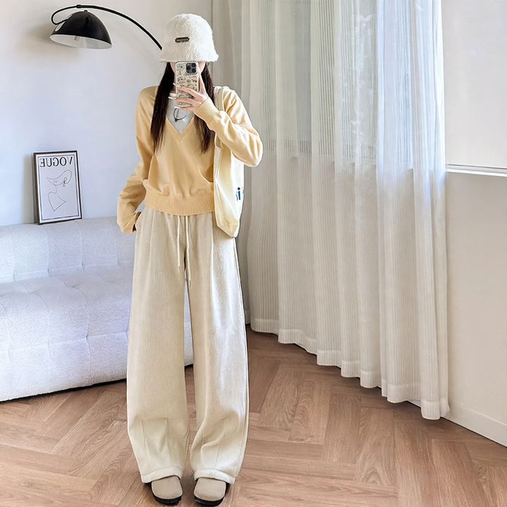 Cord Wide Trousers with High Waist, Lined