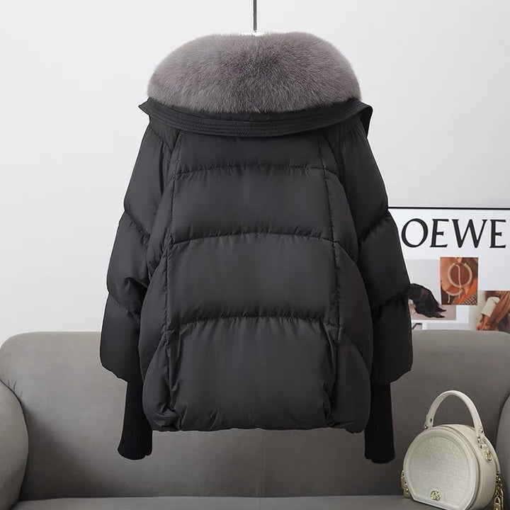 Short women's winter jacket with faux fur collar, padded