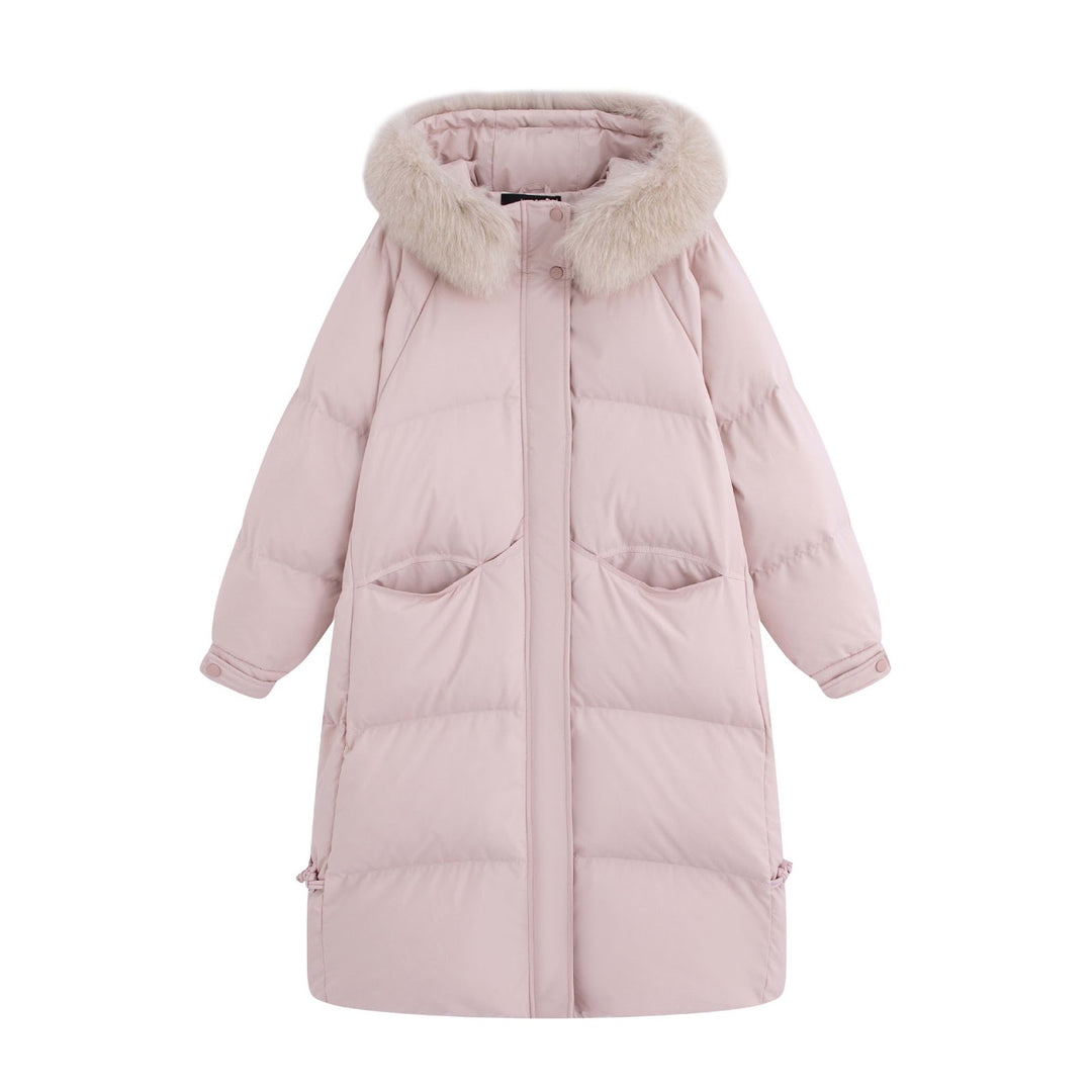 Long women's down jacket in plus size with fur collar