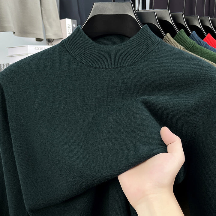 Men's wool pullover with stand-up collar, plain and warm