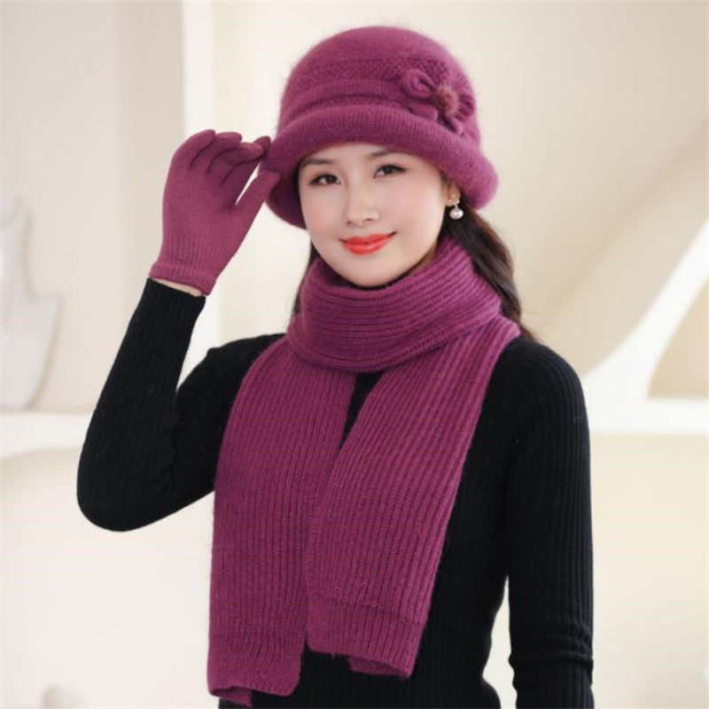 Knitted hat with scarf and gloves, women, winter