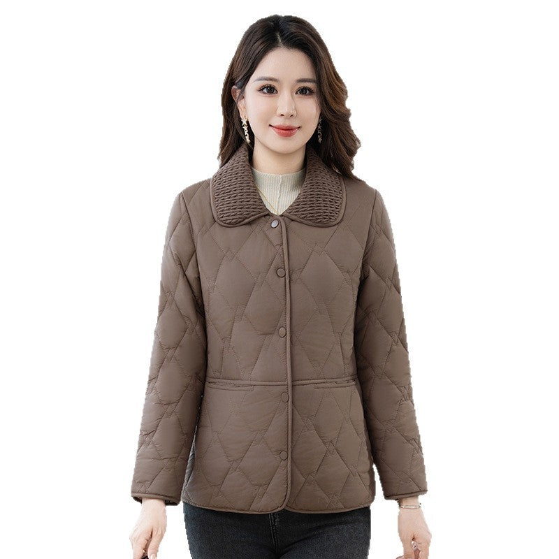 Light women's quilted jacket with lapel collar