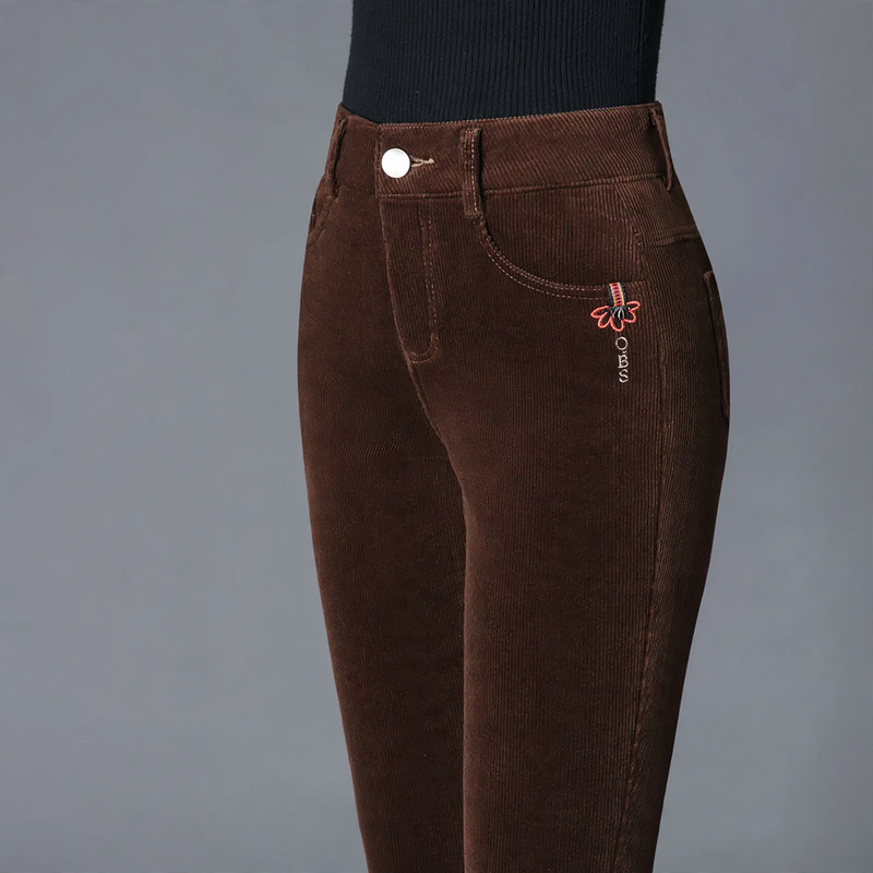 Cord pants, straight cut, high waist, lined