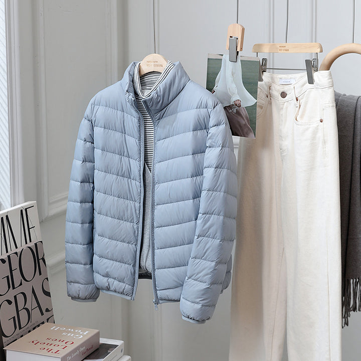 Light women's down jacket, standing collar, 90% duck down