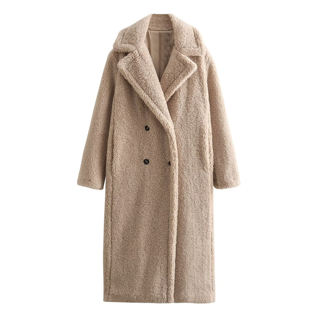 Long Lamb Fleece Coat with Lapel for Women