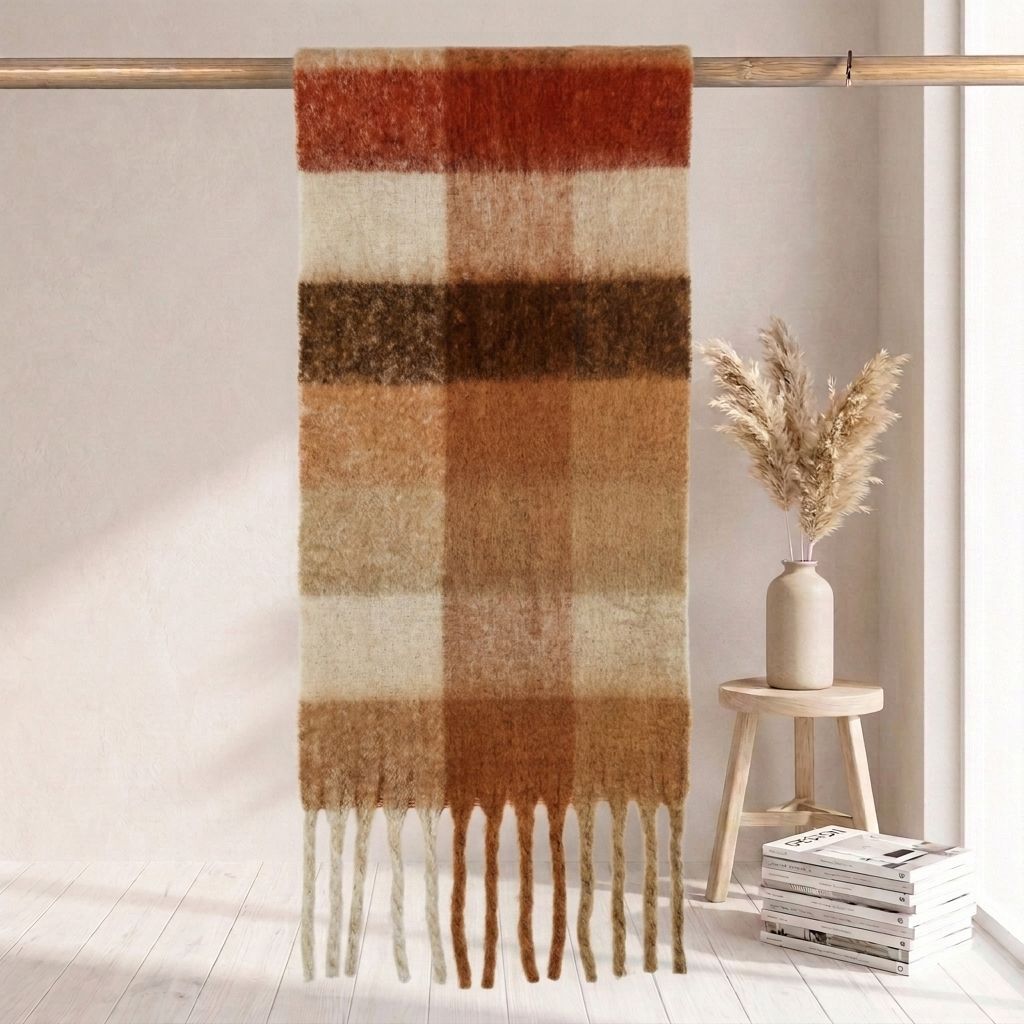 Checkered scarf in mohair look, warm for autumn and winter