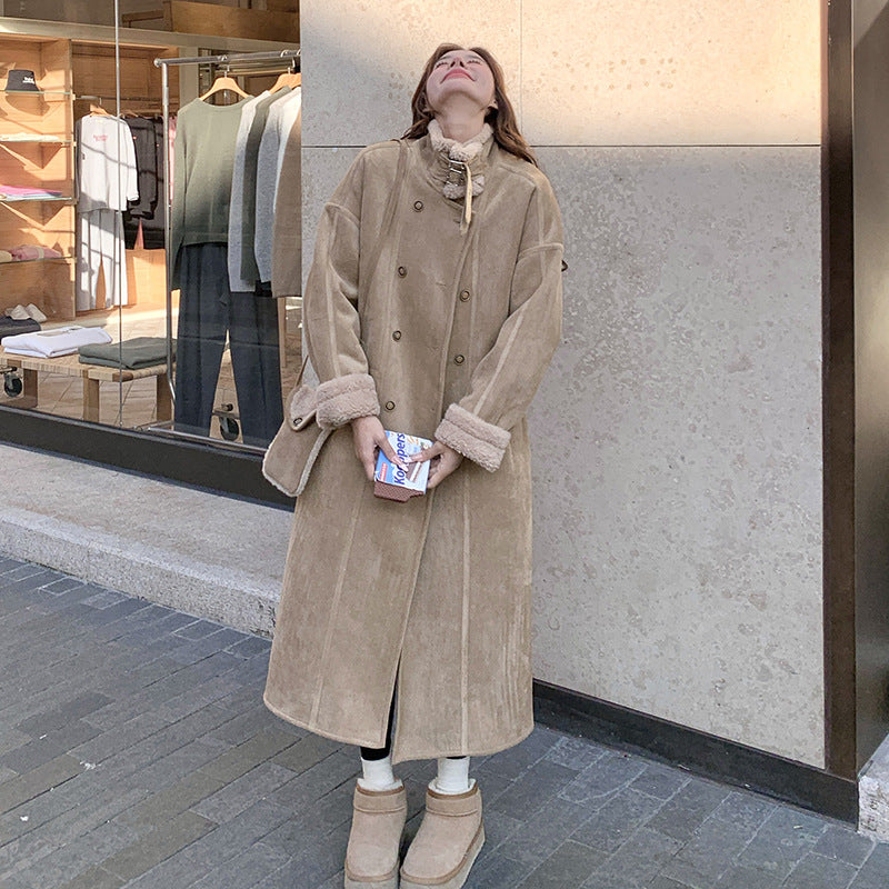 Lamb fleece coat, long, suede look