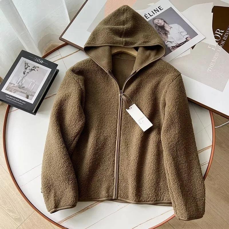 Hooded jacket made of lamb fleece imitation with zipper