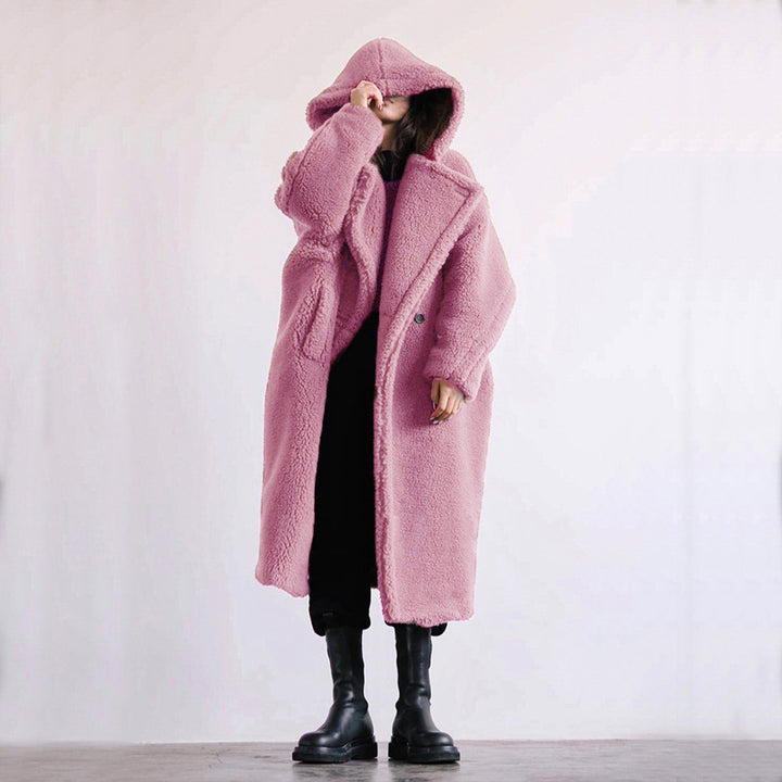 Women’s faux fur coat, mid-length, with hood and lambskin look