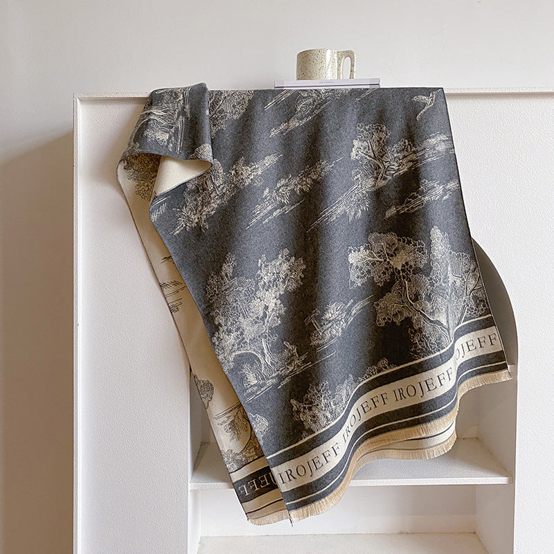 Jacquard scarf with landscape motif, art cashmere, 180x65 cm