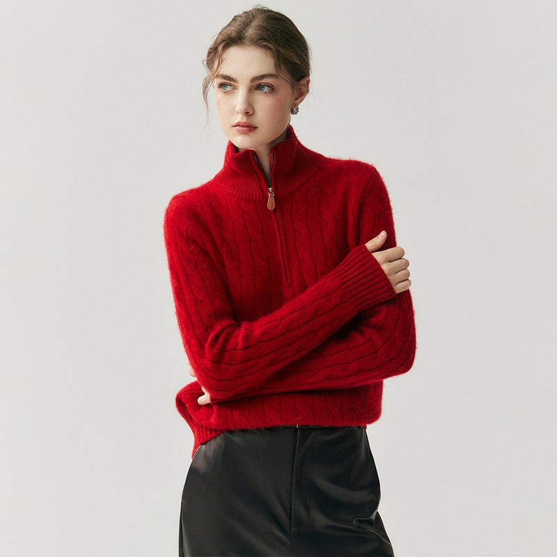 Women's knit sweater with zipper and cable pattern