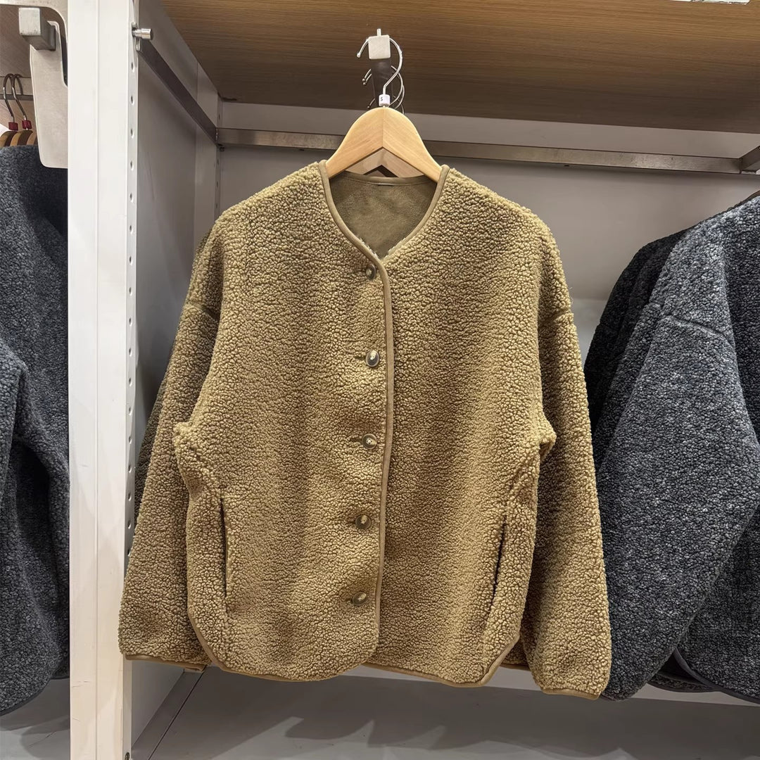 Casual fleece cardigan with lambskin look