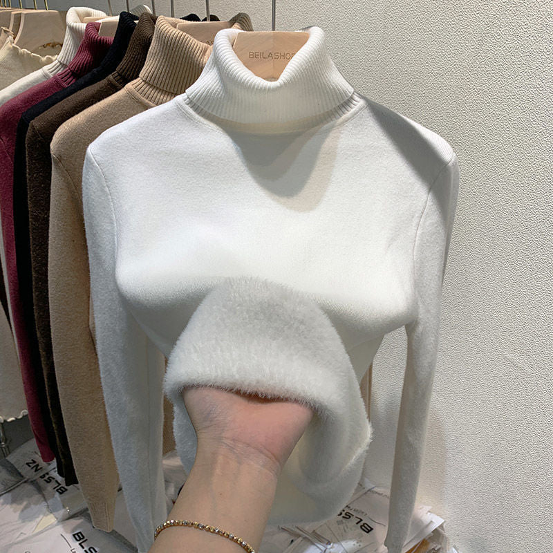 Padded women's turtleneck sweater, knitted, slim fit