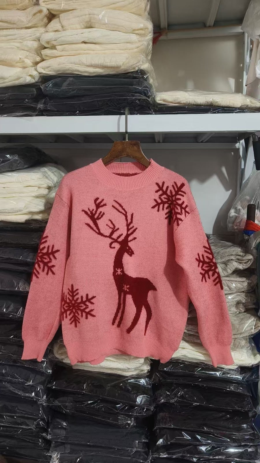 Christmas knitted sweater with reindeer motif, stand-up collar