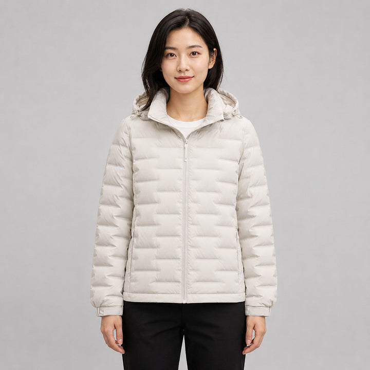Light women's down jacket with hood, short