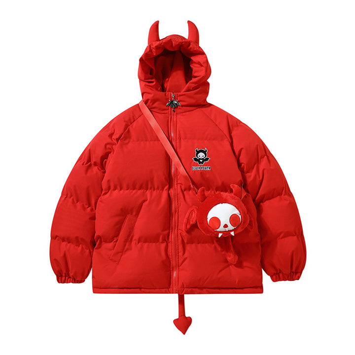 Oversize women's quilted jacket with hood and cartoon motif