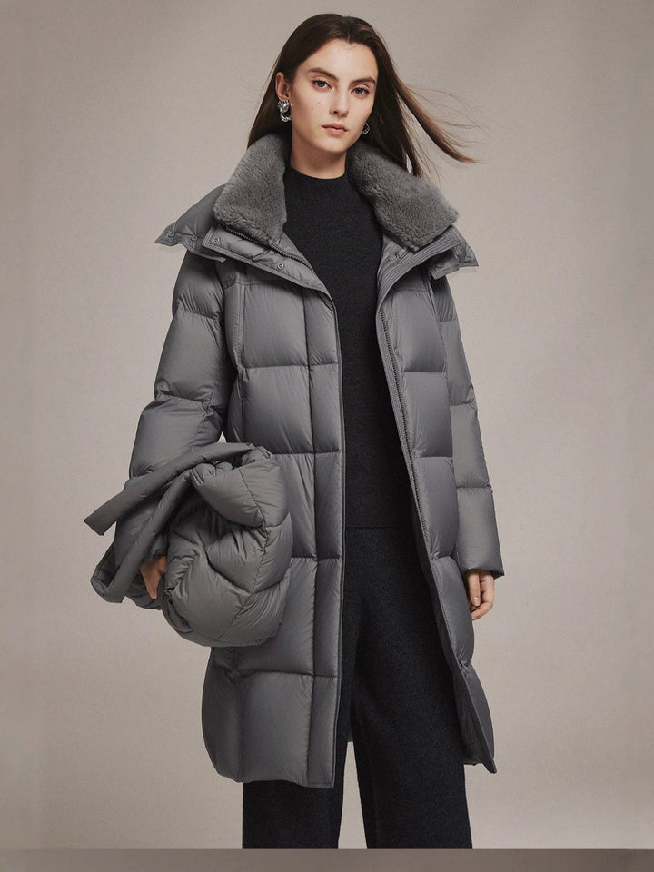 Long women's down coat with lambskin collar