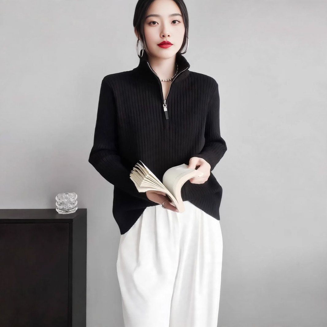 Women's knit sweater with zipper and finger holes