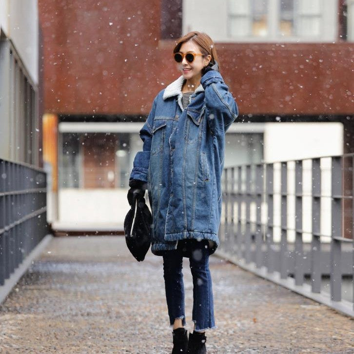 Padded denim jacket with lambskin look, mid-length