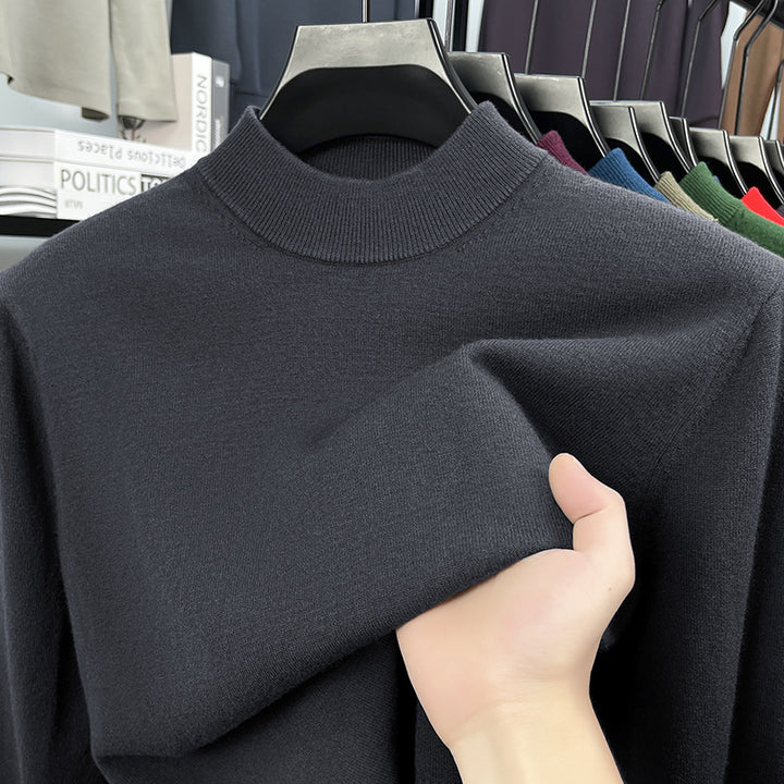 Men's wool pullover with stand-up collar, plain and warm