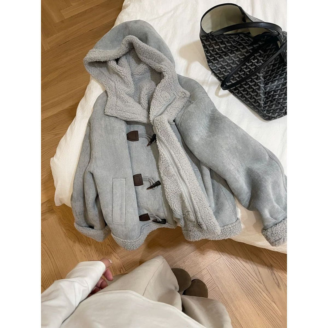 Modern hooded jacket made of lambskin imitation with toggle buttons