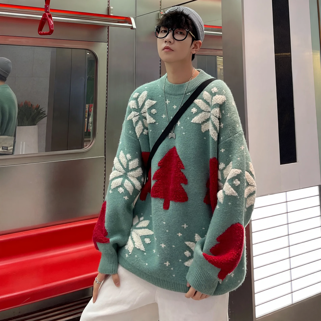 Loose Christmas knit sweater with reindeer motif