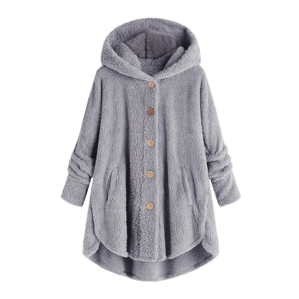 Ladies plush jacket with button placket, asymmetrical