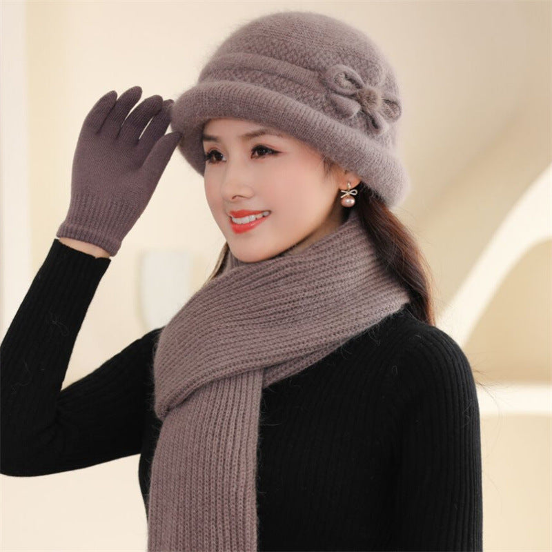 Knitted hat with scarf and gloves, women, winter
