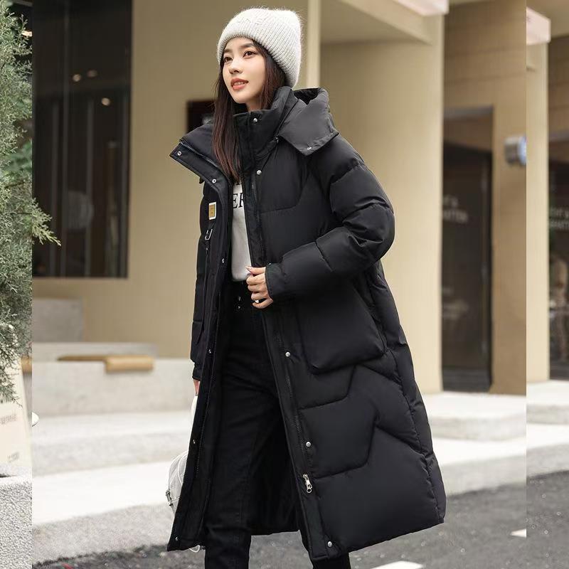 Longer, padded winter coat with hood