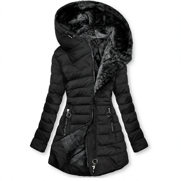 Women's quilted coat, tailored, with hood, mid-length