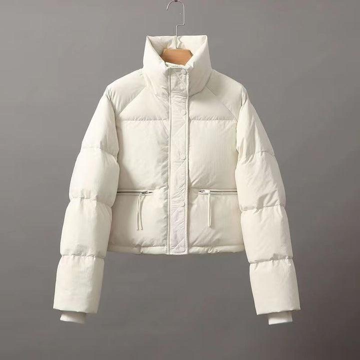 Short women's quilted jacket with stand-up collar
