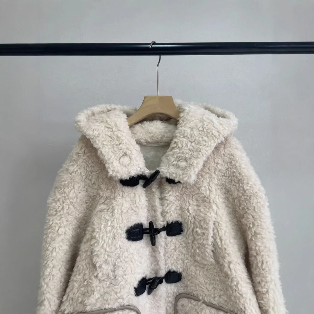Women’s teddy fleece jacket with hood and toggle buttons