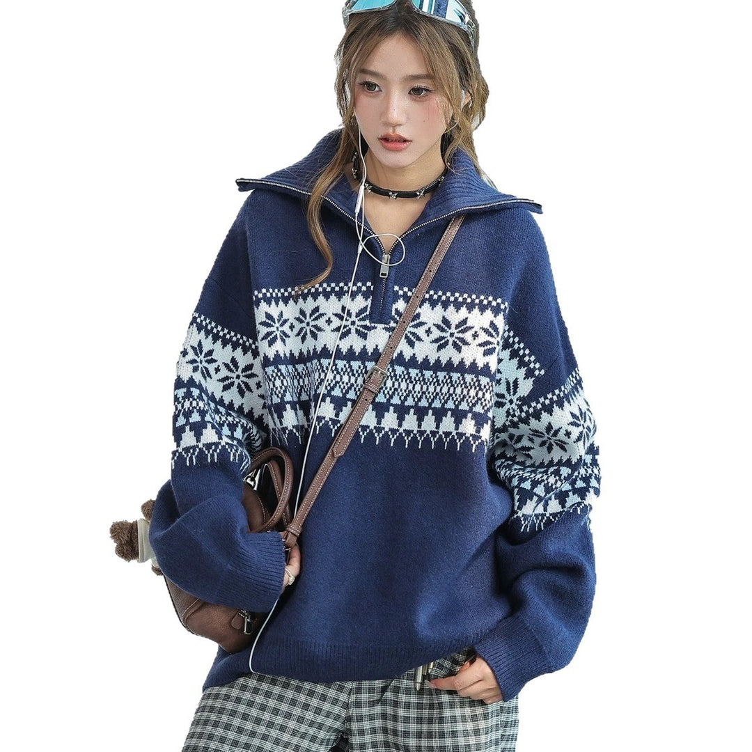 Women's Knit Sweater with Zipper and Collar