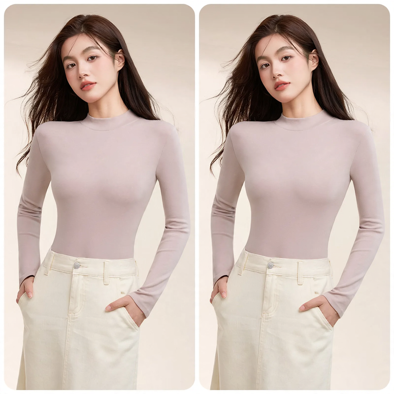 Women's long sleeve shirt made of cotton, stand-up collar, fitted